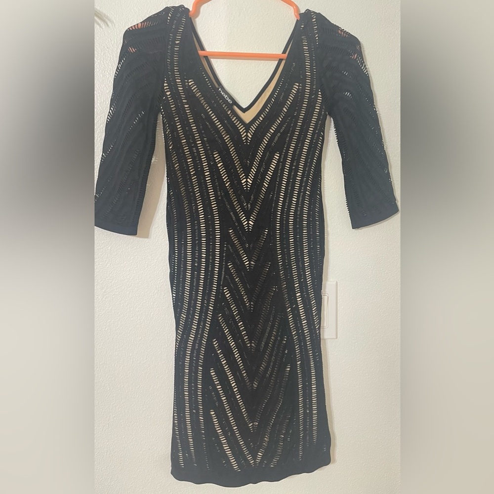 Bebe Women Dress‎ Small Black Chevron Midi Bodycon Netted 3/4 Sleeve V Neck
